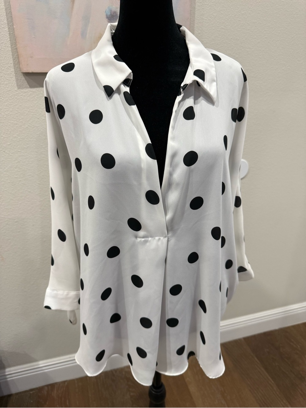 Women's White and Black Polka Dot V-Neck Blouse